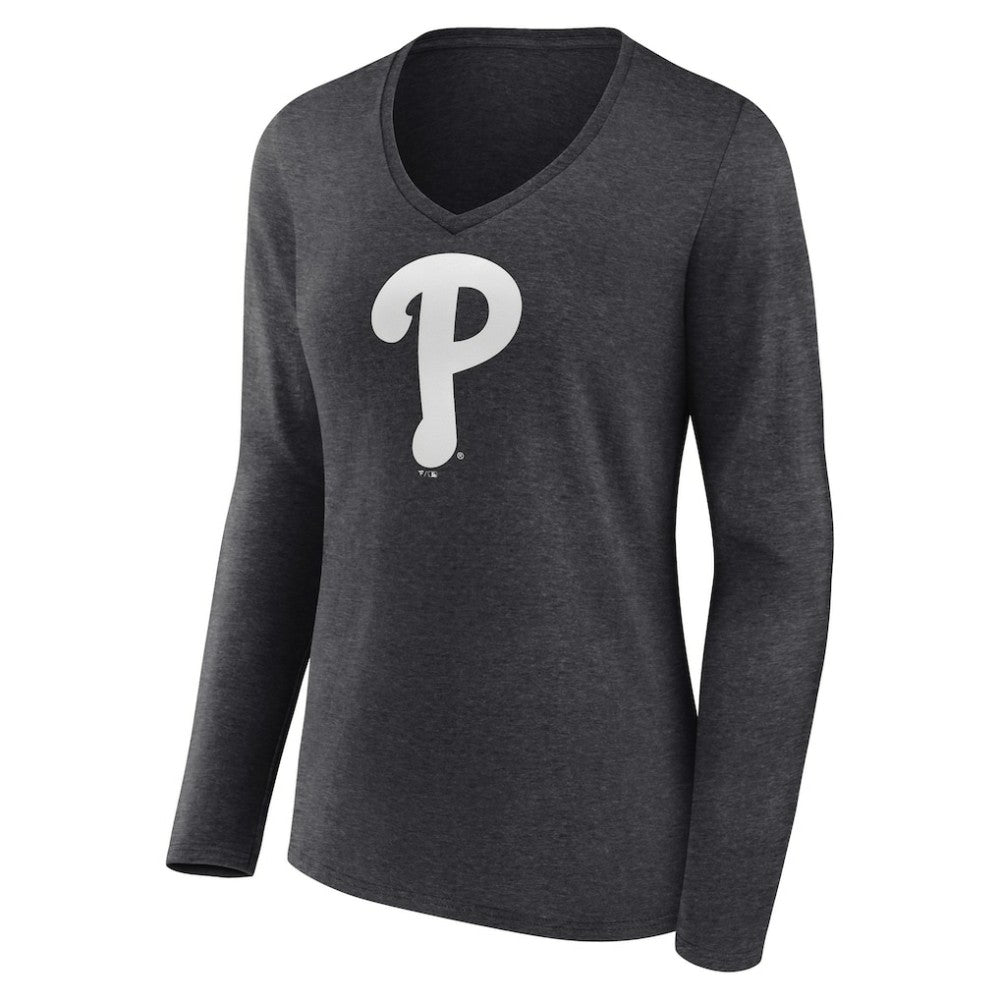 Philadelphia Phillies Women's Personalized Monochrome Name & Number Long Sleeve V-Neck T-Shirt - Charcoal - MLB Lifestyle