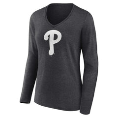 Philadelphia Phillies Women's Personalized Monochrome Name & Number Long Sleeve V-Neck T-Shirt - Charcoal - MLB Lifestyle
