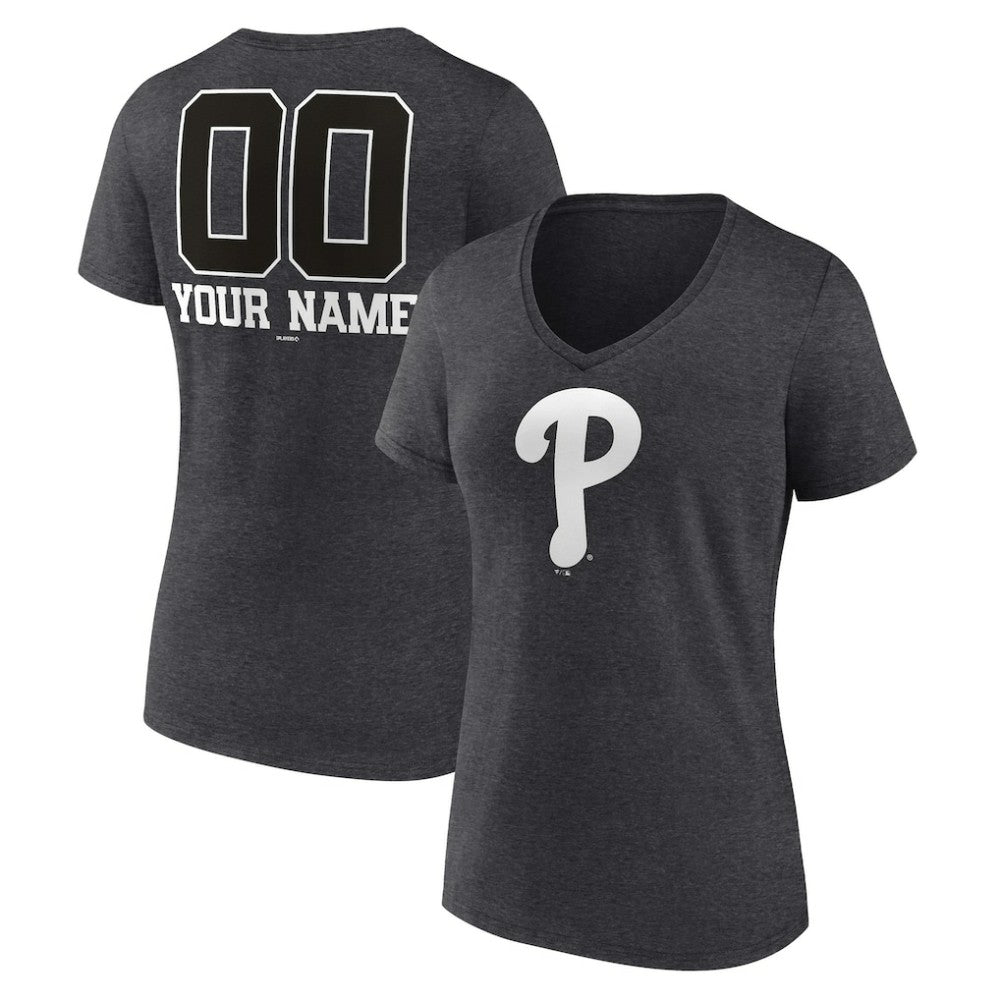 Philadelphia Phillies Women's Personalized Monochrome Name & Number V-Neck T-Shirt - Charcoal - MLB Online