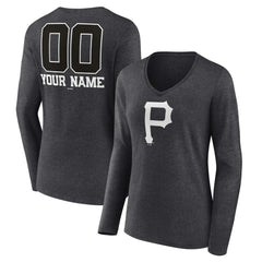 Pittsburgh Pirates Women's Personalized Monochrome Name & Number Long Sleeve V-Neck T-Shirt - Charcoal - MLB Online