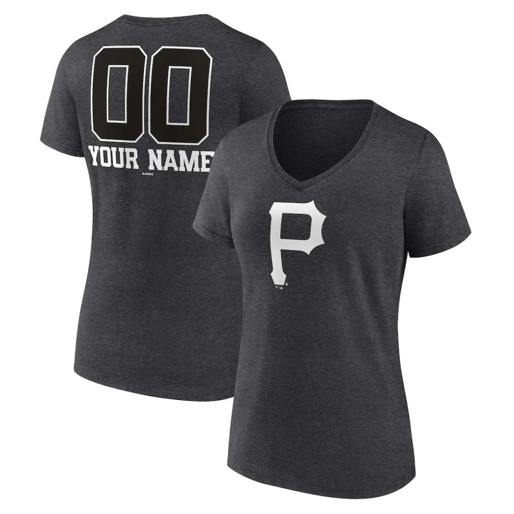 Pittsburgh Pirates Women's Personalized Monochrome Name & Number V-Neck T-Shirt - Charcoal - MLB Online