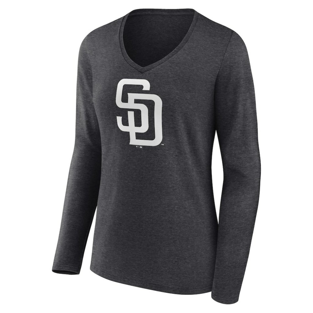 San Diego Padres Women's Personalized Monochrome Name & Number Long Sleeve V-Neck T-Shirt - Charcoal - MLB Lifestyle