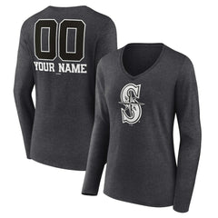 Seattle Mariners Women's Personalized Monochrome Name & Number Long Sleeve V-Neck T-Shirt - Charcoal - MLB Online