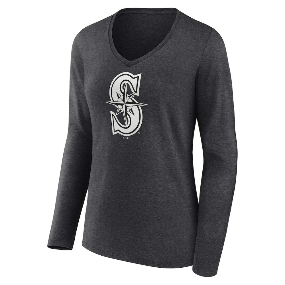 Seattle Mariners Women's Personalized Monochrome Name & Number Long Sleeve V-Neck T-Shirt - Charcoal - MLB Online