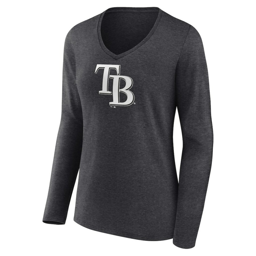 Tampa Bay Rays Women's Personalized Monochrome Name & Number Long Sleeve V-Neck T-Shirt - Charcoal - MLB Lifestyle