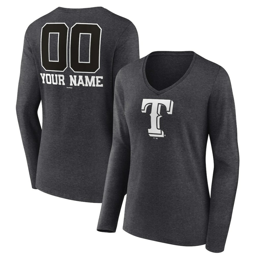 Texas Rangers Women's Personalized Monochrome Name & Number Long Sleeve V-Neck T-Shirt - Charcoal - MLB Online