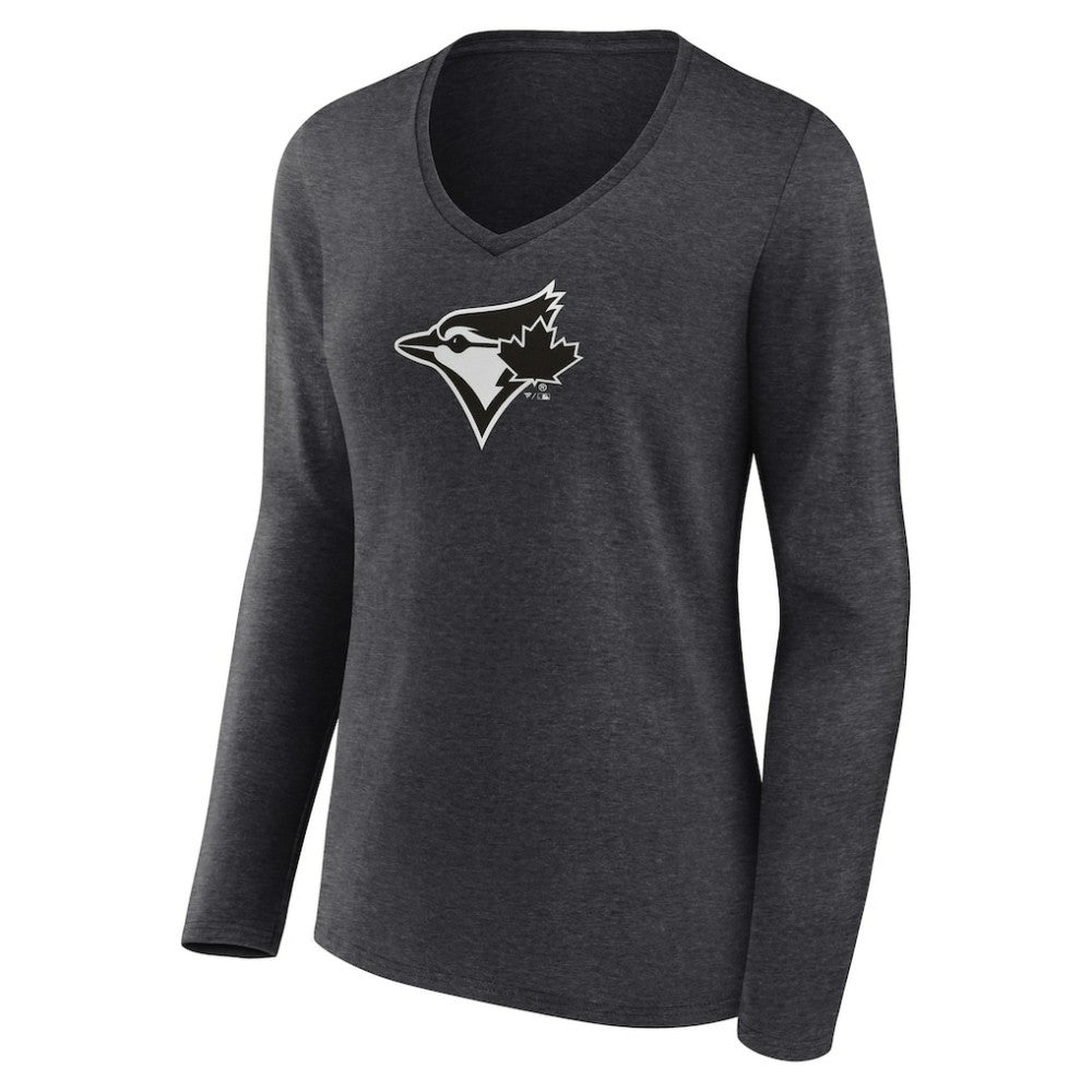 Toronto Blue Jays Women's Personalized Monochrome Name & Number Long Sleeve V-Neck T-Shirt - Charcoal - MLB Lifestyle