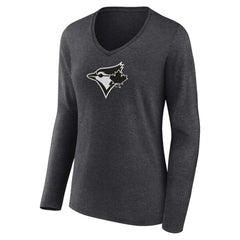 Toronto Blue Jays Women's Personalized Monochrome Name & Number Long Sleeve V-Neck T-Shirt - Charcoal - MLB Lifestyle