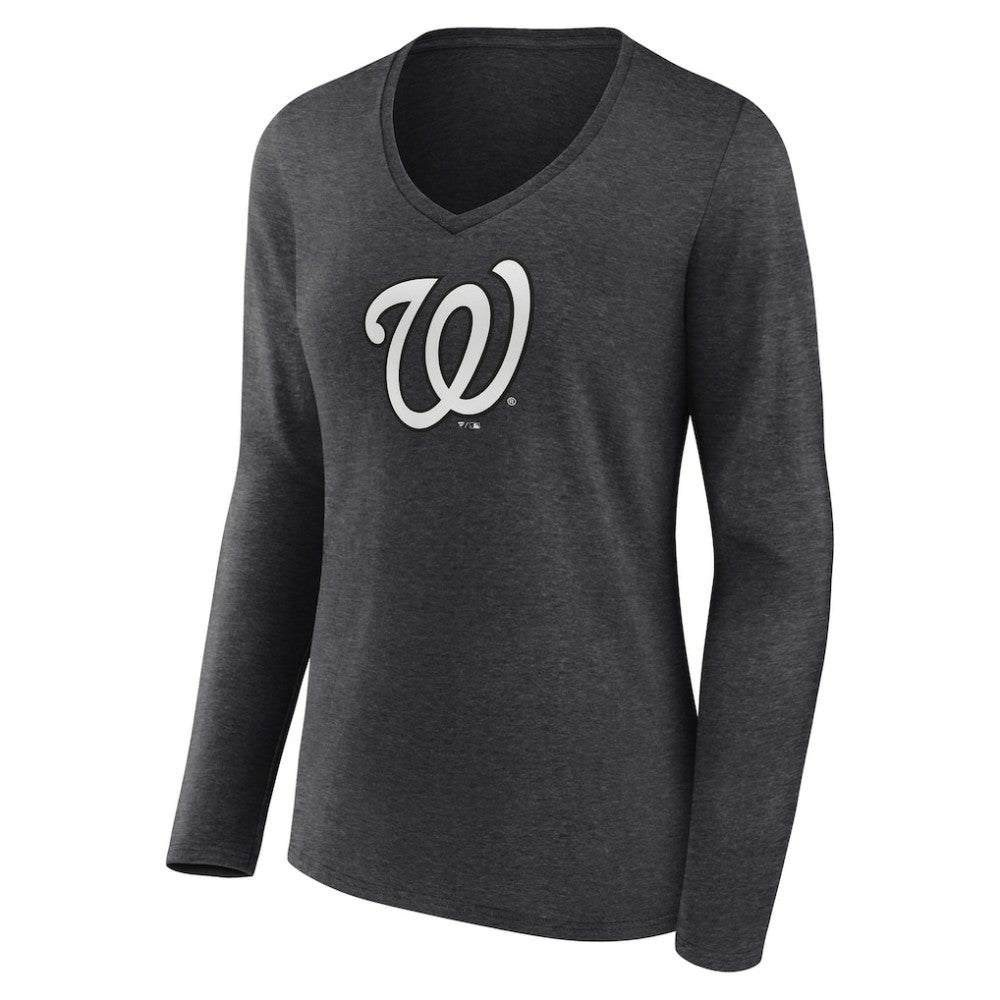 Washington Nationals Women's Personalized Monochrome Name & Number Long Sleeve V-Neck T-Shirt - Charcoal - MLB Lifestyle
