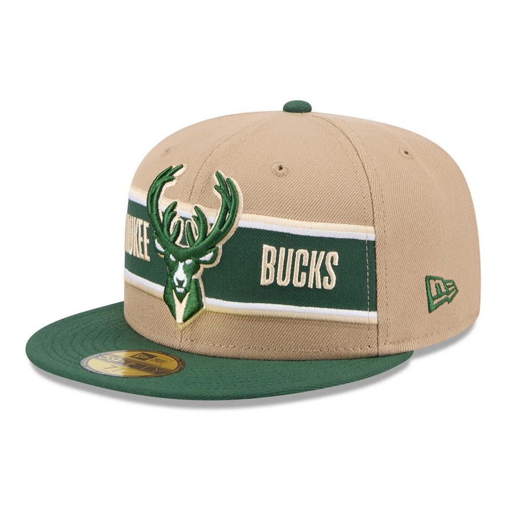 Milwaukee Bucks 2024 NBA Draft 59FIFTY Fitted Hat Tan/Hunter Green | New Era Lifestyle