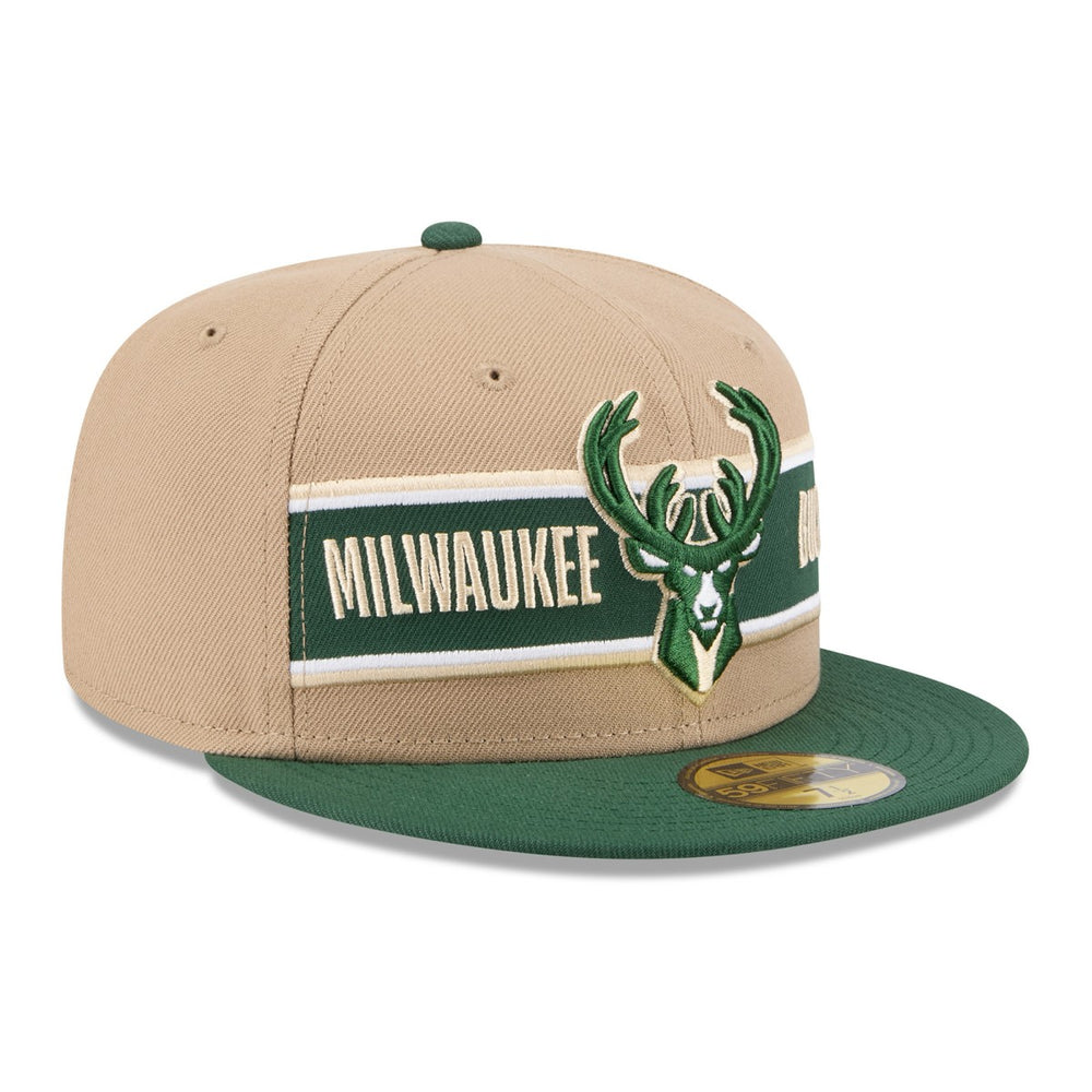 Milwaukee Bucks 2024 NBA Draft 59FIFTY Fitted Hat Tan/Hunter Green | New Era Lifestyle