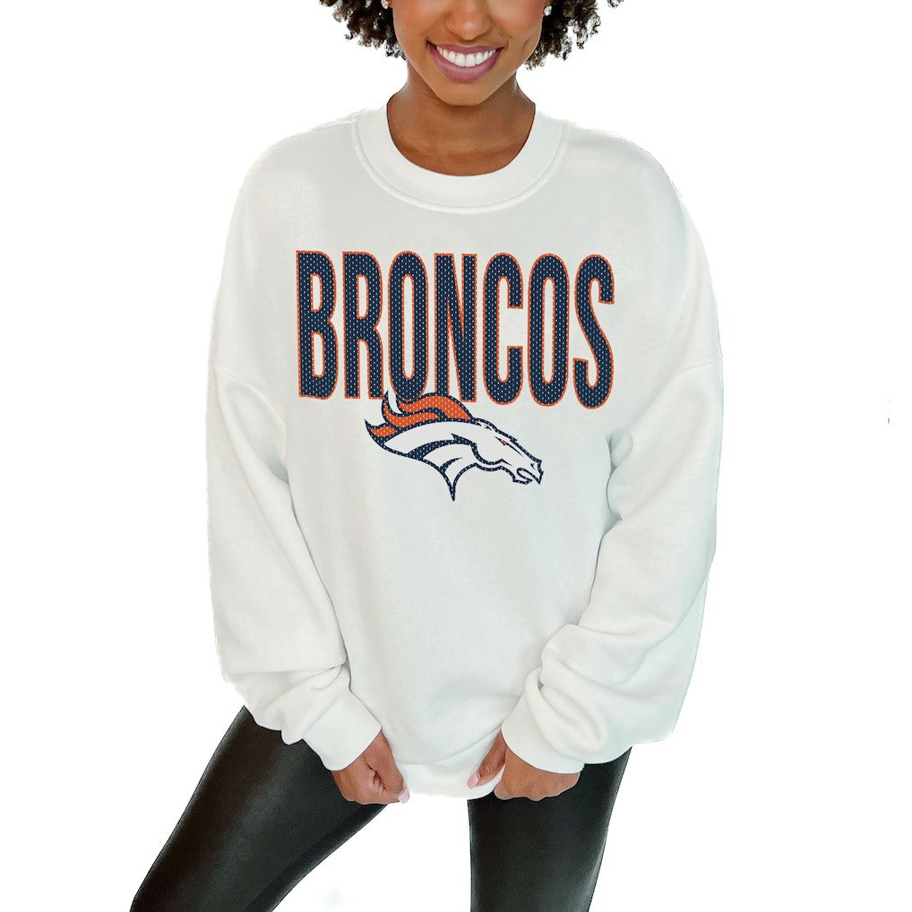 Denver Broncos Gameday Couture Women's Just Go With It Oversized Long Sleeve Crewneck Sweatshirt – White