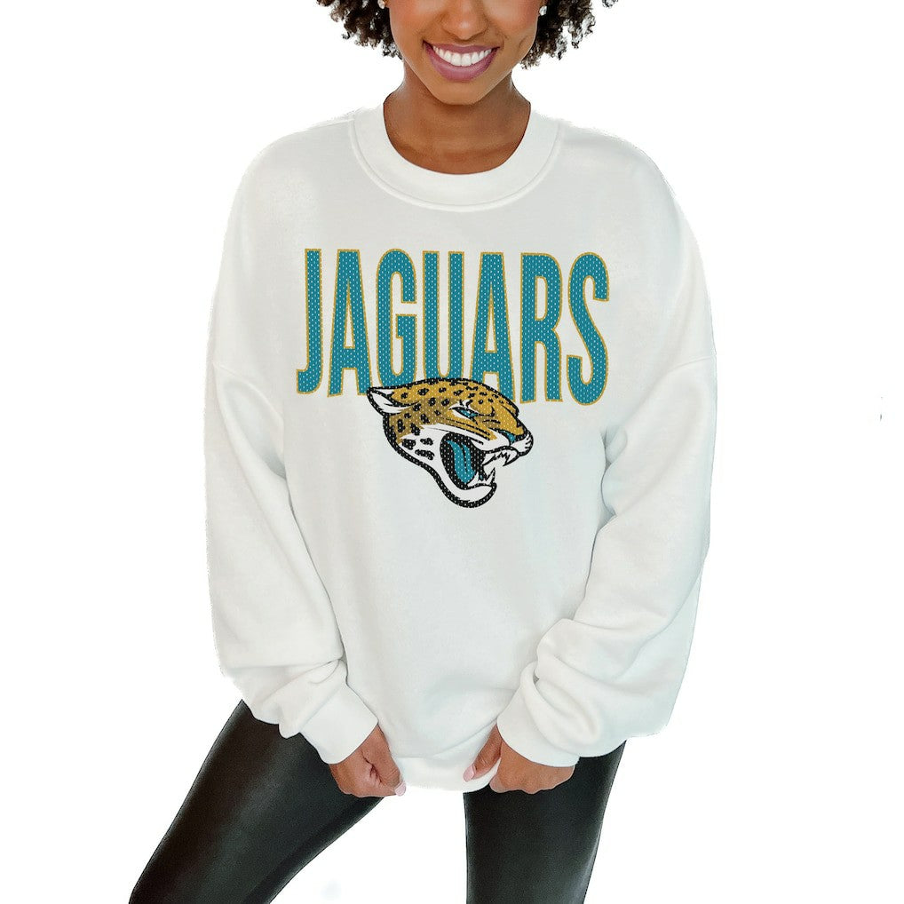 Jacksonville Jaguars Gameday Couture Women's Just Go With It Oversized Long Sleeve Crewneck Sweatshirt – White