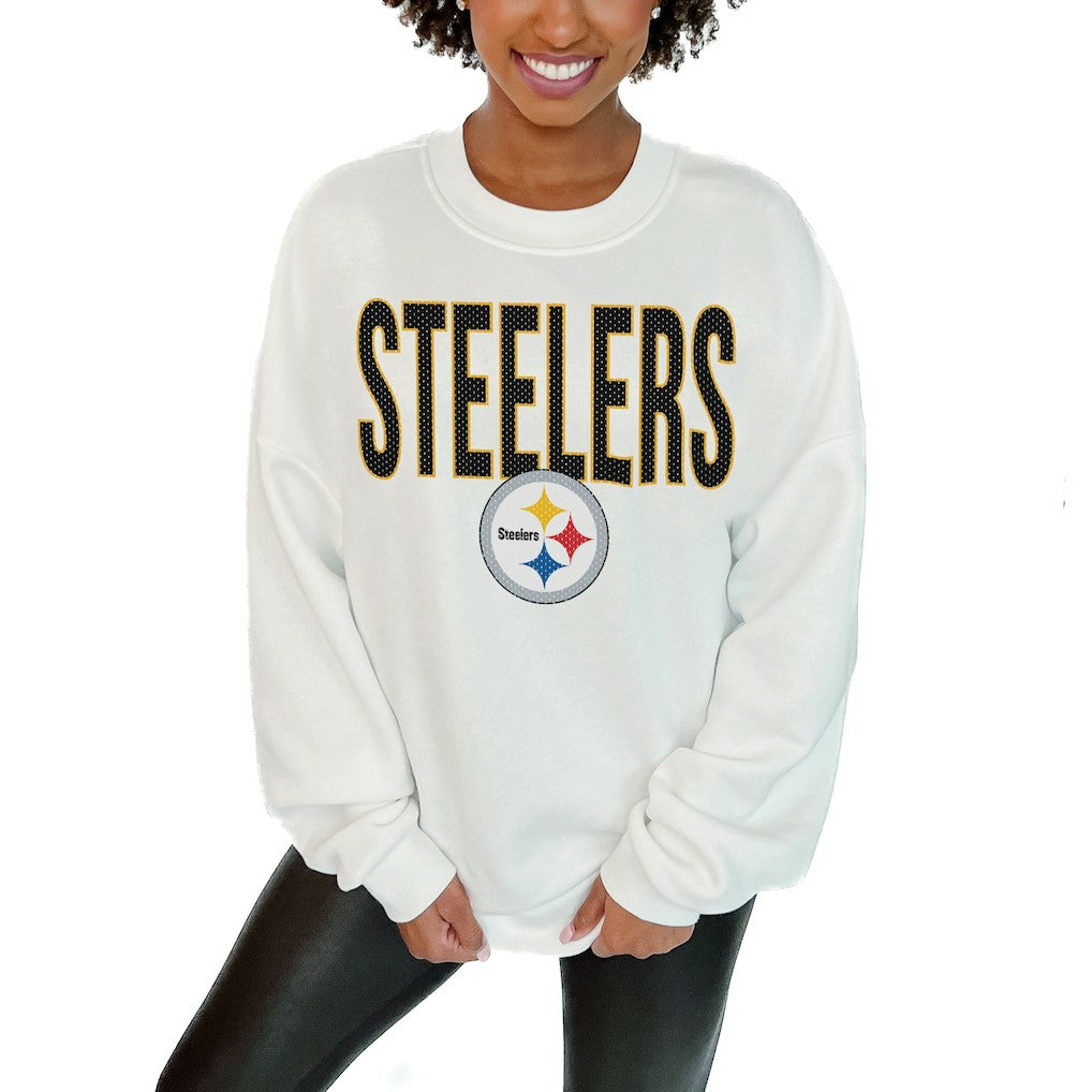 Pittsburgh Steelers Gameday Couture Women's Just Go With It Oversized Long Sleeve Crewneck Sweatshirt – White