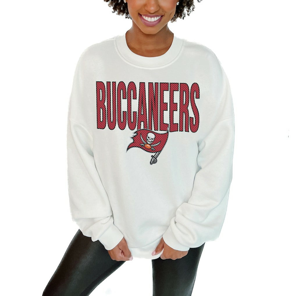 Tampa Bay Buccaneers Gameday Couture Women's Just Go With It Oversized Long Sleeve Crewneck Sweatshirt – White