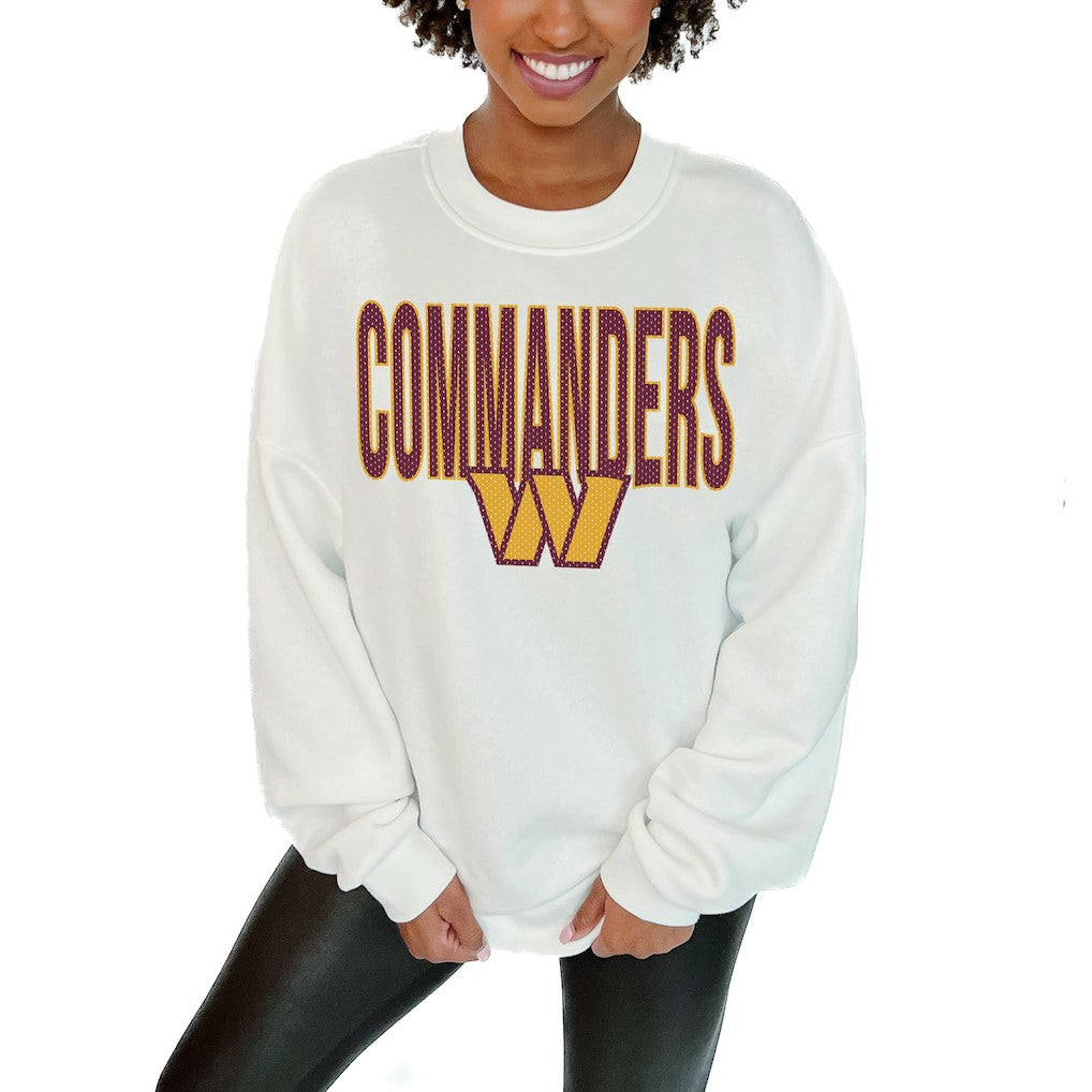 Washington Commanders Gameday Couture Women's Just Go With It Oversized Long Sleeve Crewneck Sweatshirt – White