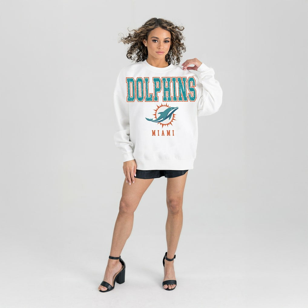 Miami Dolphins Gameday Couture Women's Sunday Drives Oversized Crewneck Pullover Sweatshirt – White