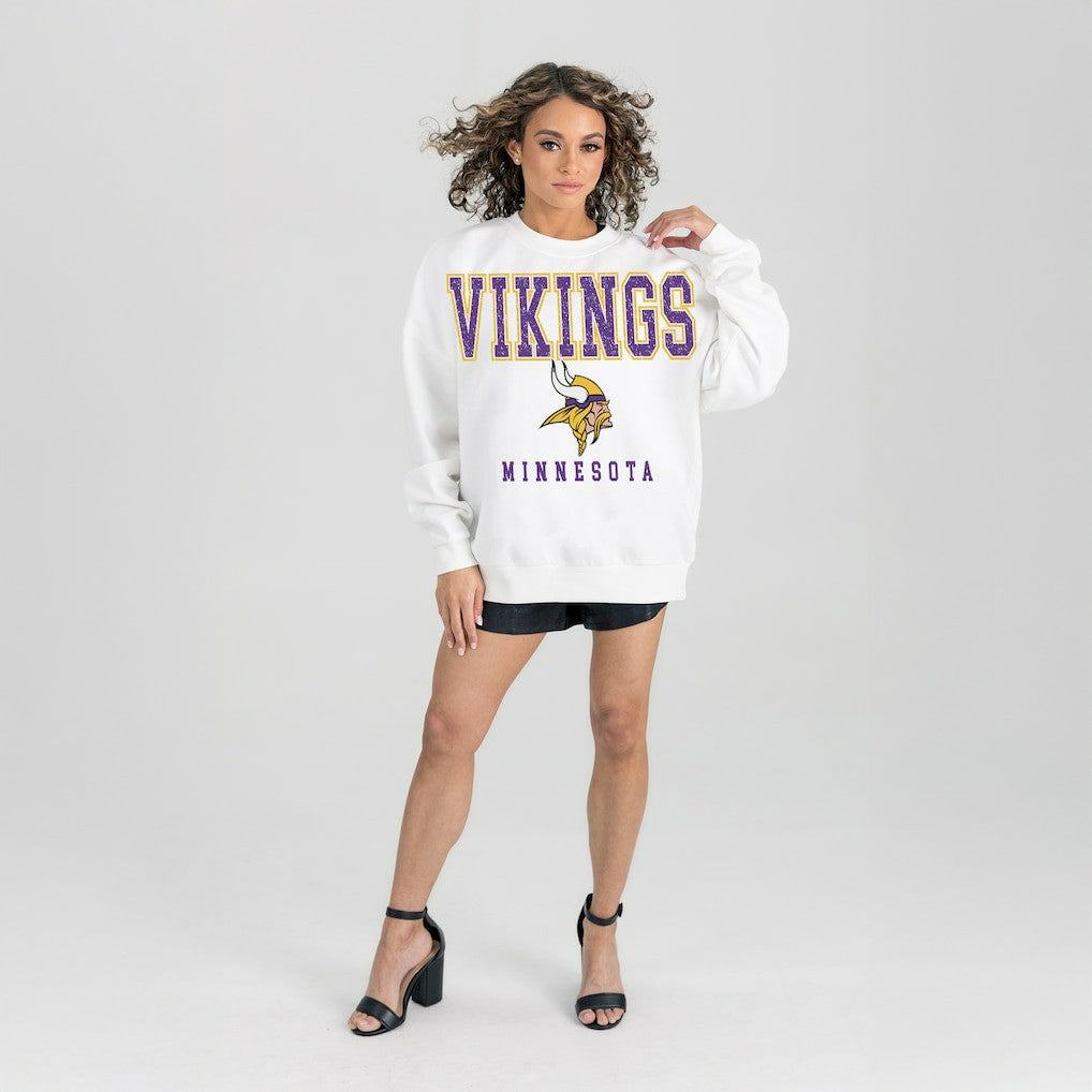 Minnesota Vikings Gameday Couture Women's Sunday Drives Oversized Crewneck Pullover Sweatshirt – White