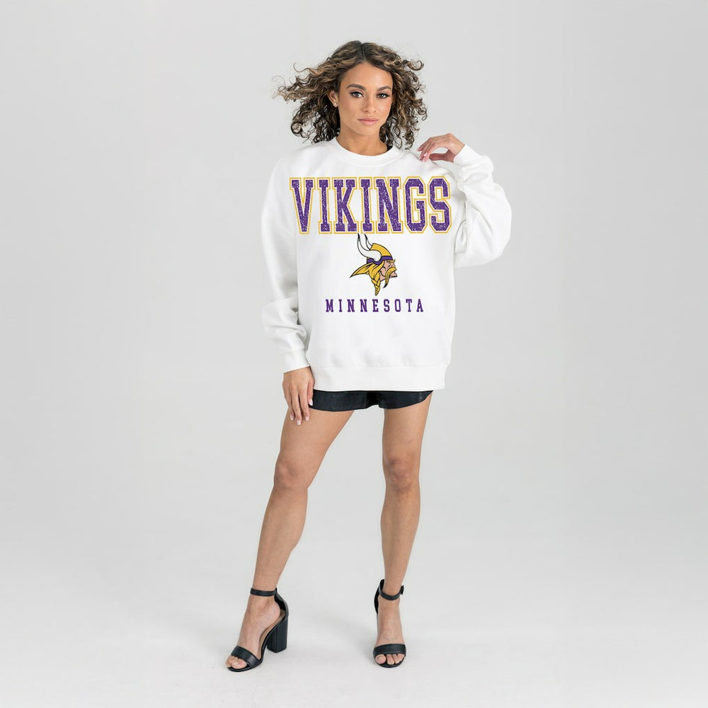 Minnesota Vikings Gameday Couture Women's Sunday Drives Oversized Crewneck Pullover Sweatshirt – White