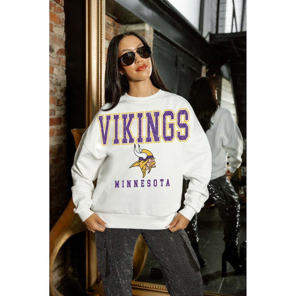 Minnesota Vikings Gameday Couture Women's Sunday Drives Oversized Crewneck Pullover Sweatshirt – White