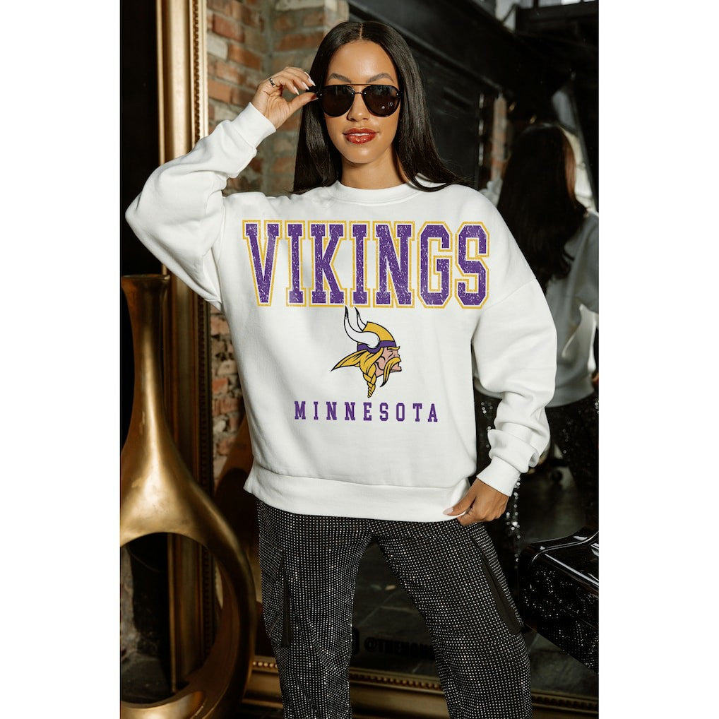 Minnesota Vikings Gameday Couture Women's Sunday Drives Oversized Crewneck Pullover Sweatshirt – White