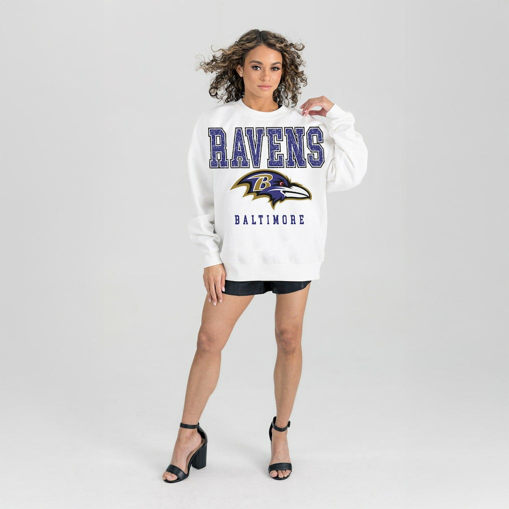Baltimore Ravens Gameday Couture Women's Sunday Drives Oversized Crewneck Pullover Sweatshirt – White