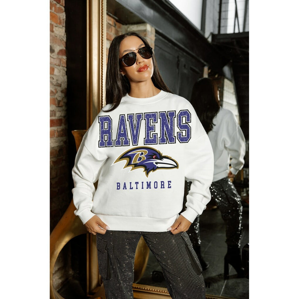 Baltimore Ravens Gameday Couture Women's Sunday Drives Oversized Crewneck Pullover Sweatshirt – White