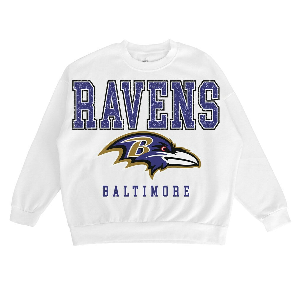 Baltimore Ravens Gameday Couture Women's Sunday Drives Oversized Crewneck Pullover Sweatshirt – White