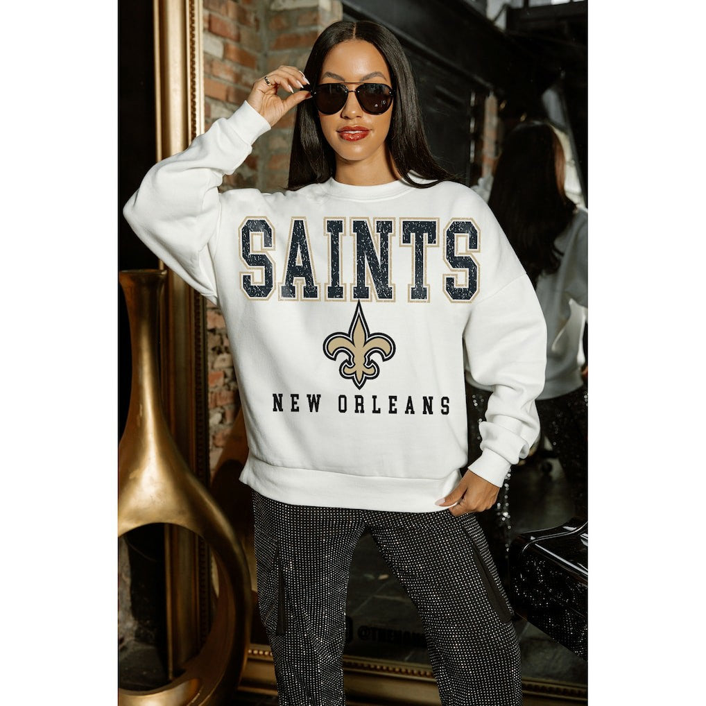 New Orleans Saints Gameday Couture Women's Sunday Drives Oversized Crewneck Pullover Sweatshirt – White