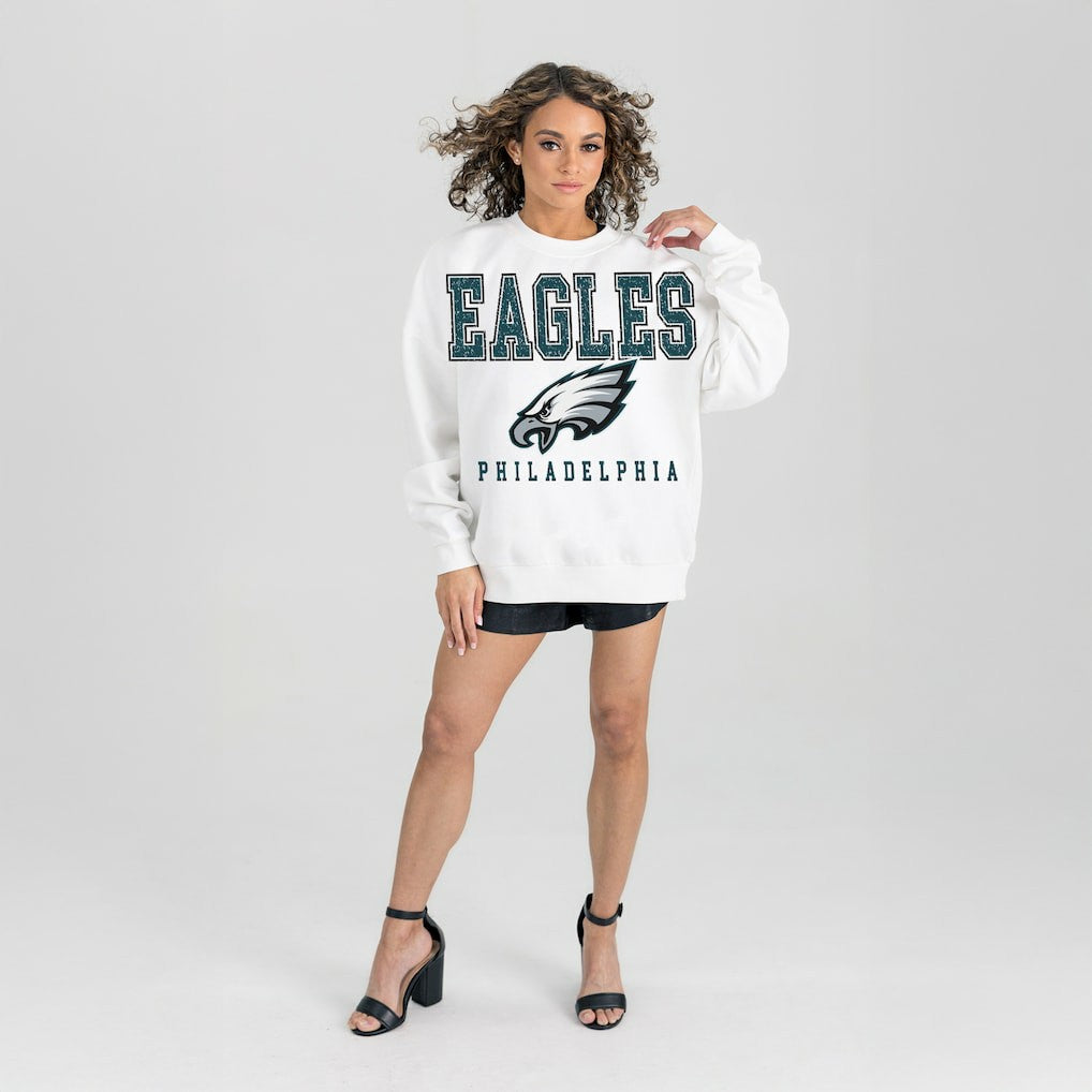 Philadelphia Eagles Gameday Couture Women's Sunday Drives Oversized Crewneck Pullover Sweatshirt – White
