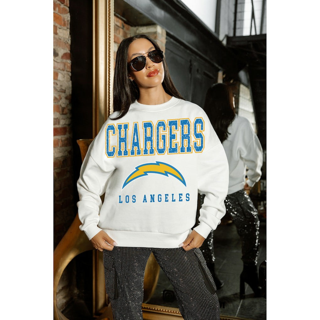Los Angeles Chargers Gameday Couture Women's Sunday Drives Oversized Crewneck Pullover Sweatshirt – White