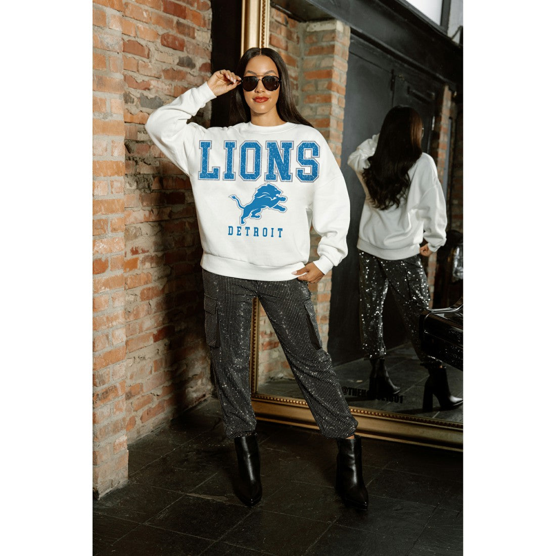 Detroit Lions Gameday Couture Women's Sunday Drives Oversized Crewneck Pullover Sweatshirt – White