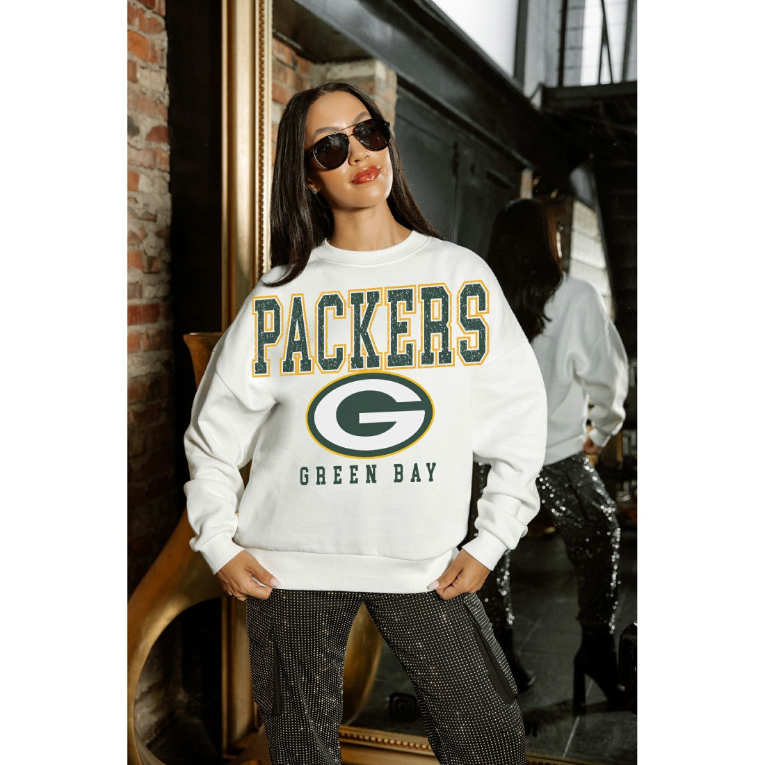 Green Bay Packers Gameday Couture Women's Sunday Drives Oversized Crewneck Pullover Sweatshirt – White