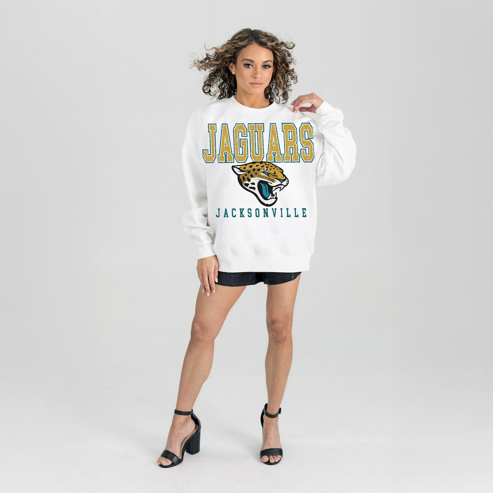 Jacksonville Jaguars Gameday Couture Women's Sunday Drives Oversized Crewneck Pullover Sweatshirt – White