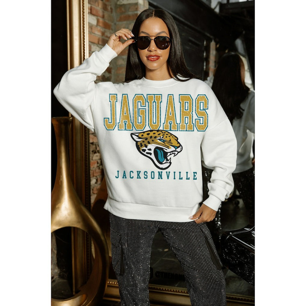 Jacksonville Jaguars Gameday Couture Women's Sunday Drives Oversized Crewneck Pullover Sweatshirt – White