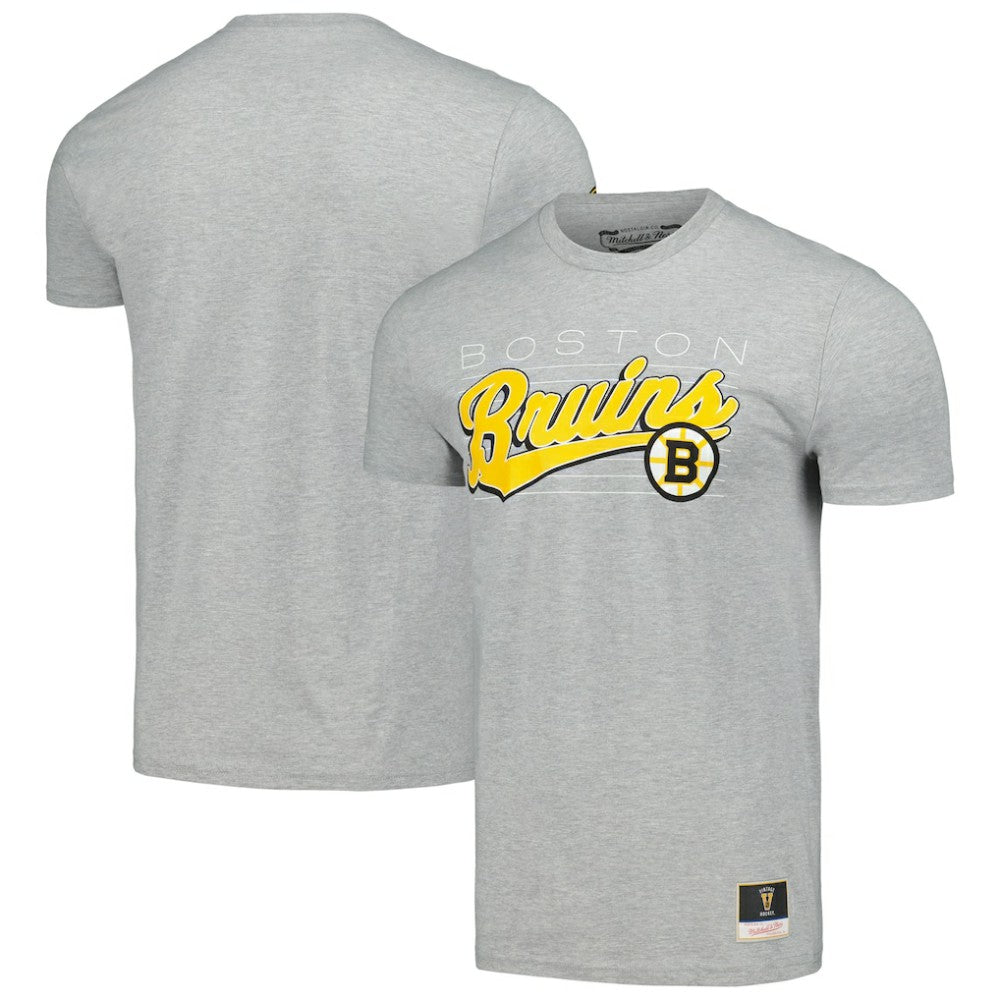 Boston Bruins Mitchell & Ness 100th Anniversary Script Sweep T-Shirt - Heather Gray - NHL 200761509