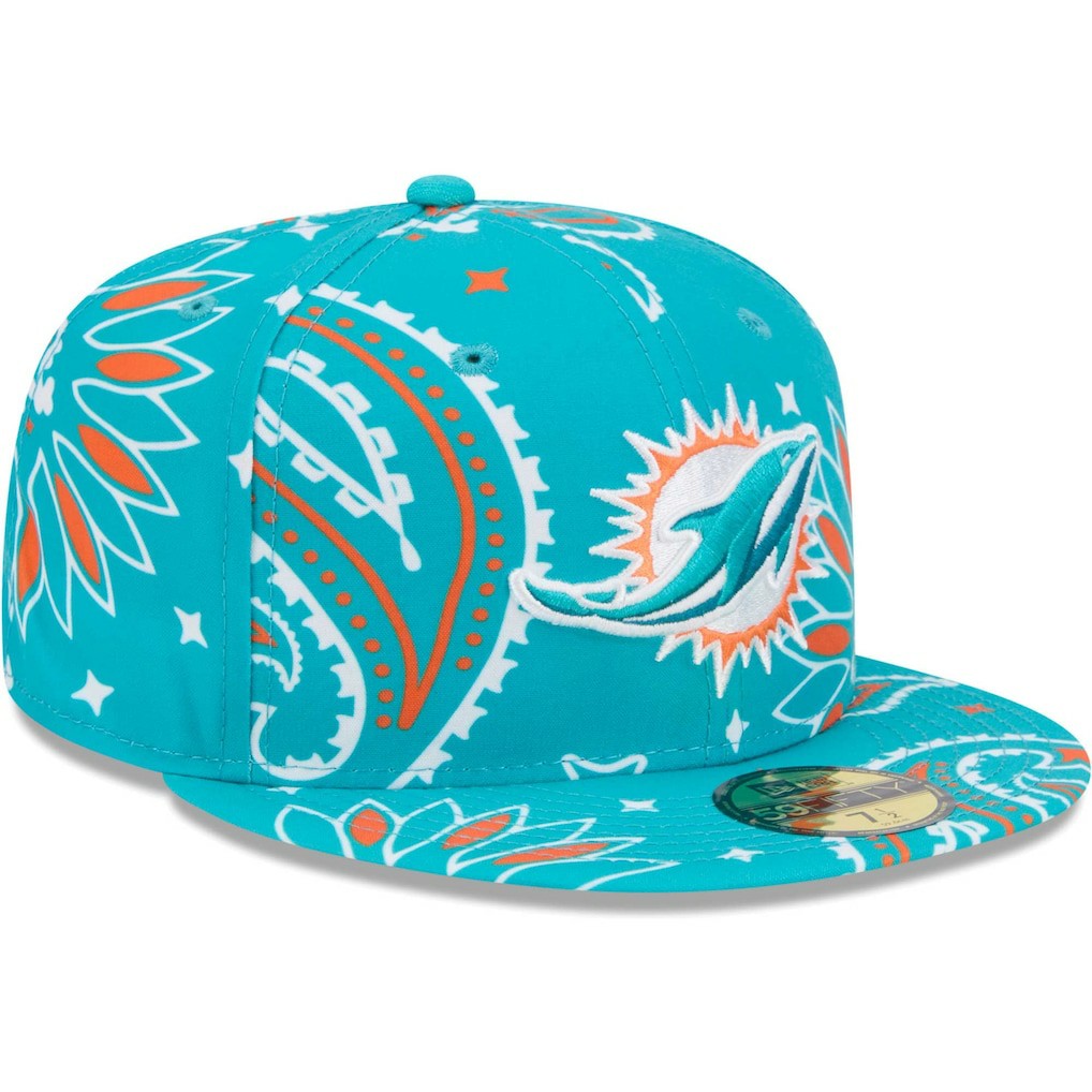 Miami Dolphins New Era Paisley 59FIFTY Fitted Hat Aqua