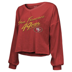 Brock Purdy San Francisco 49ers Majestic Threads Women's Name & Number Off-Shoulder Script Cropped Long Sleeve Relaxed V-Neck T-Shirt Scarlet
