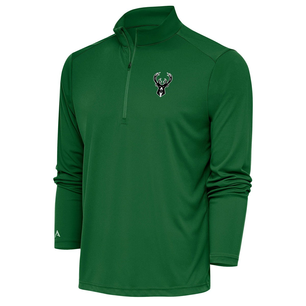 Milwaukee Bucks Antigua Metallic Logo Tribute Quarter-Zip Top Hunter Green