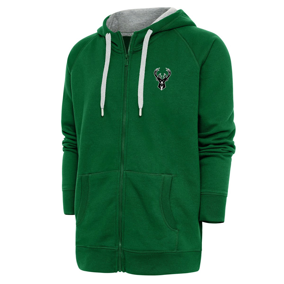 Milwaukee Bucks Antigua Metallic Logo Victory Raglan Full-Zip Hoodie Hunter Green