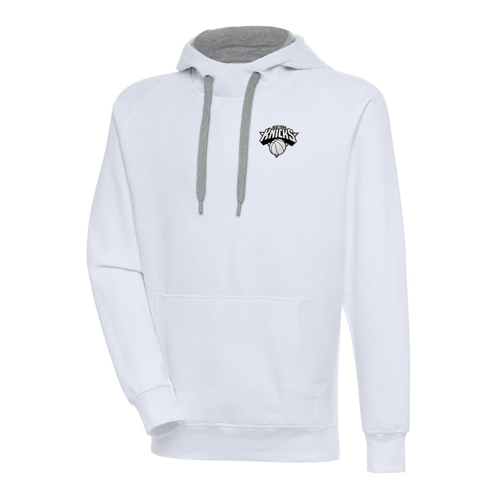 New York Knicks Antigua Metallic Logo Victory Raglan Pullover Hoodie White