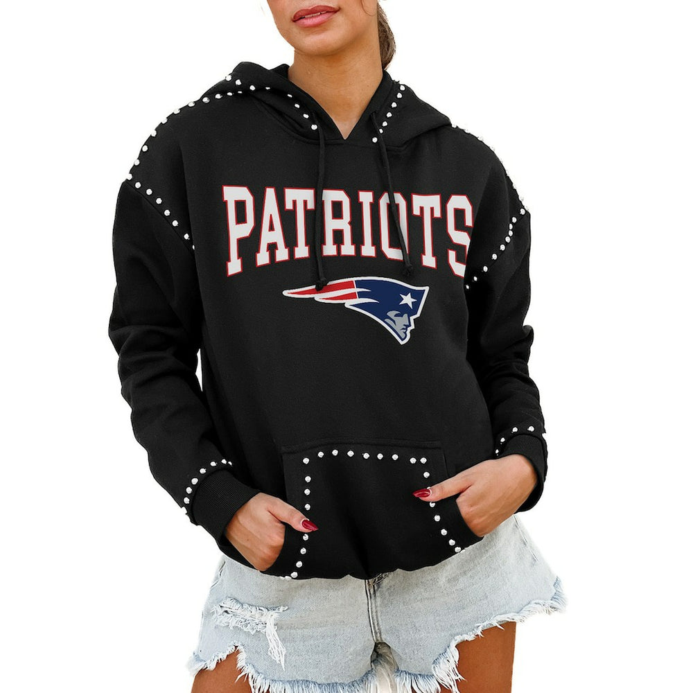 New England Patriots Gameday Couture Women's Oversized Catch the Vibe Studded Pullover Hoodie Black