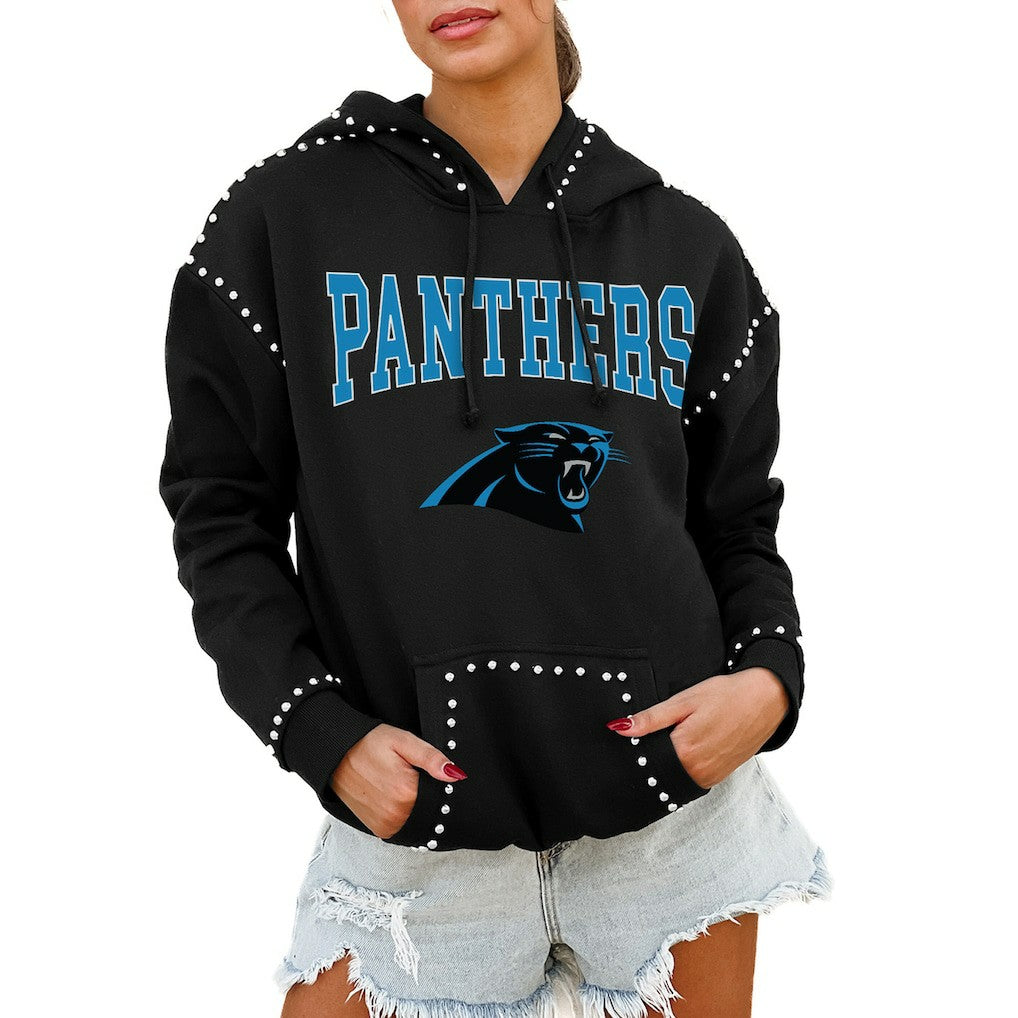 Carolina Panthers Gameday Couture Women's Oversized Catch the Vibe Studded Pullover Hoodie Black