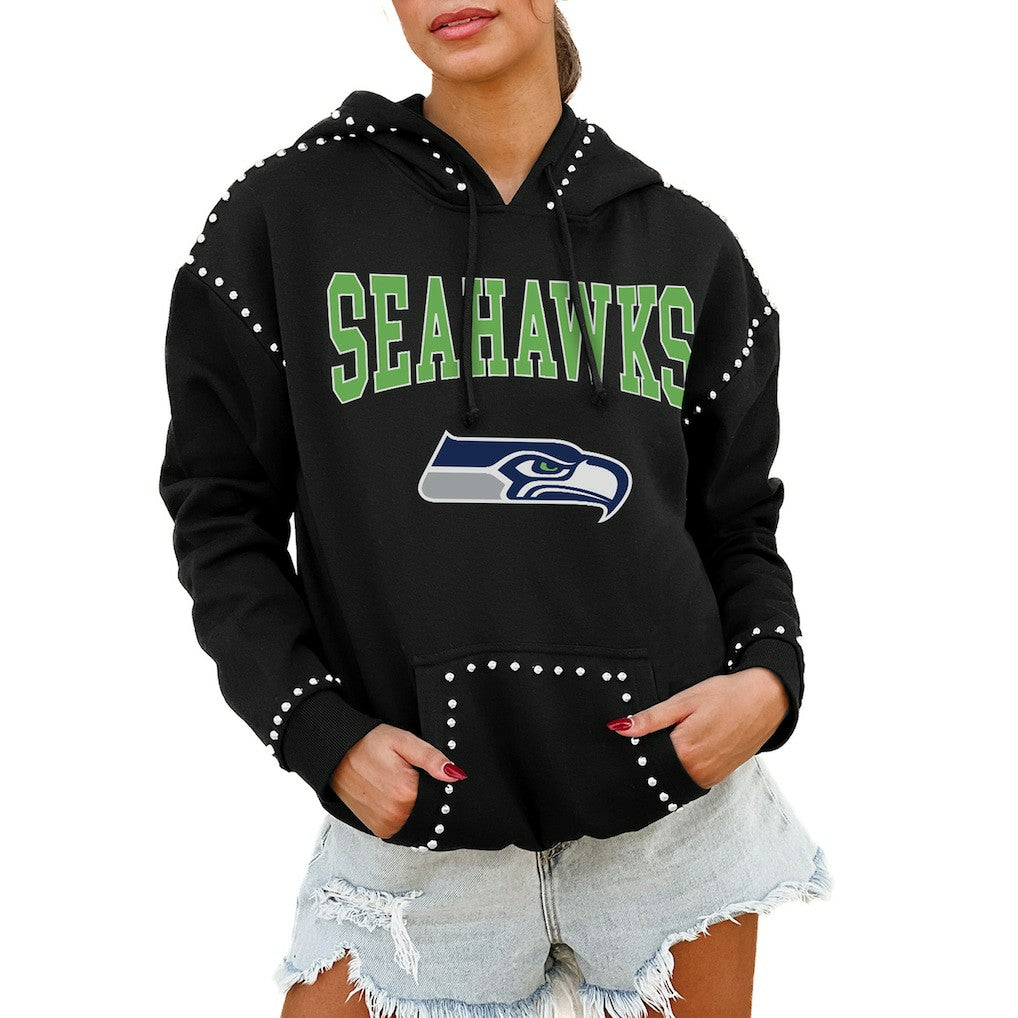 Seattle Seahawks Gameday Couture Women's Oversized Catch the Vibe Studded Pullover Hoodie Black