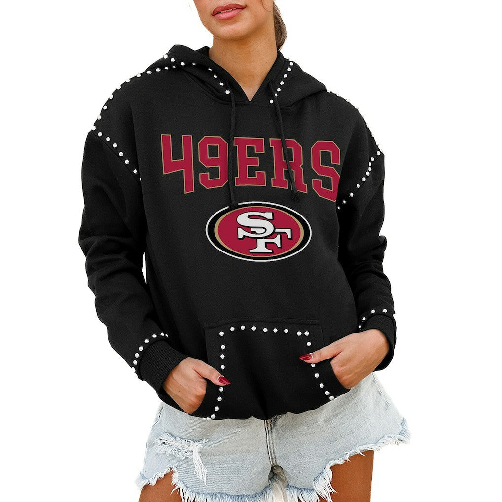 San Francisco 49ers Gameday Couture Women's Oversized Catch the Vibe Studded Pullover Hoodie Black