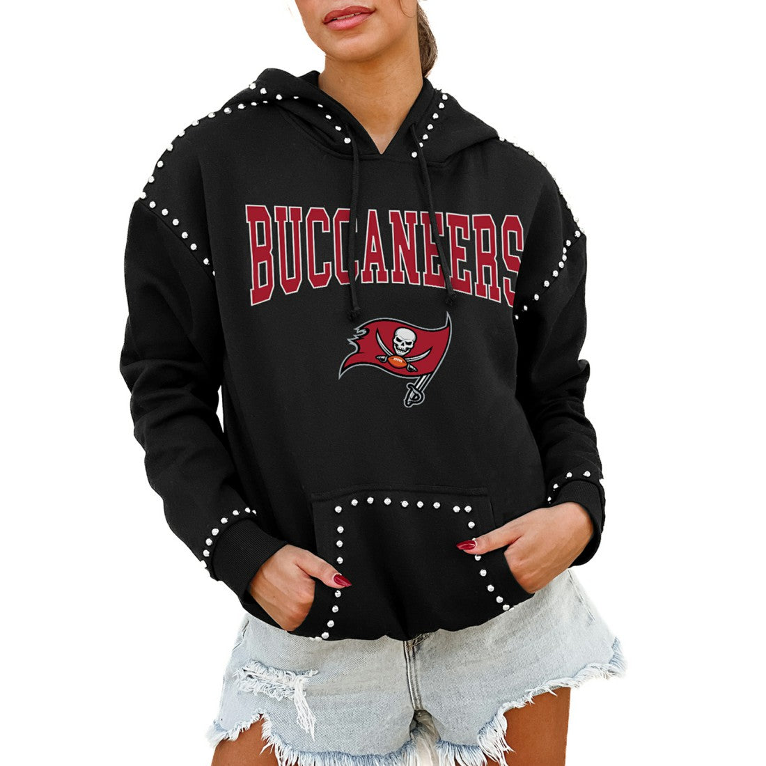 Tampa Bay Buccaneers Gameday Couture Women's Oversized Catch the Vibe Studded Pullover Hoodie Black