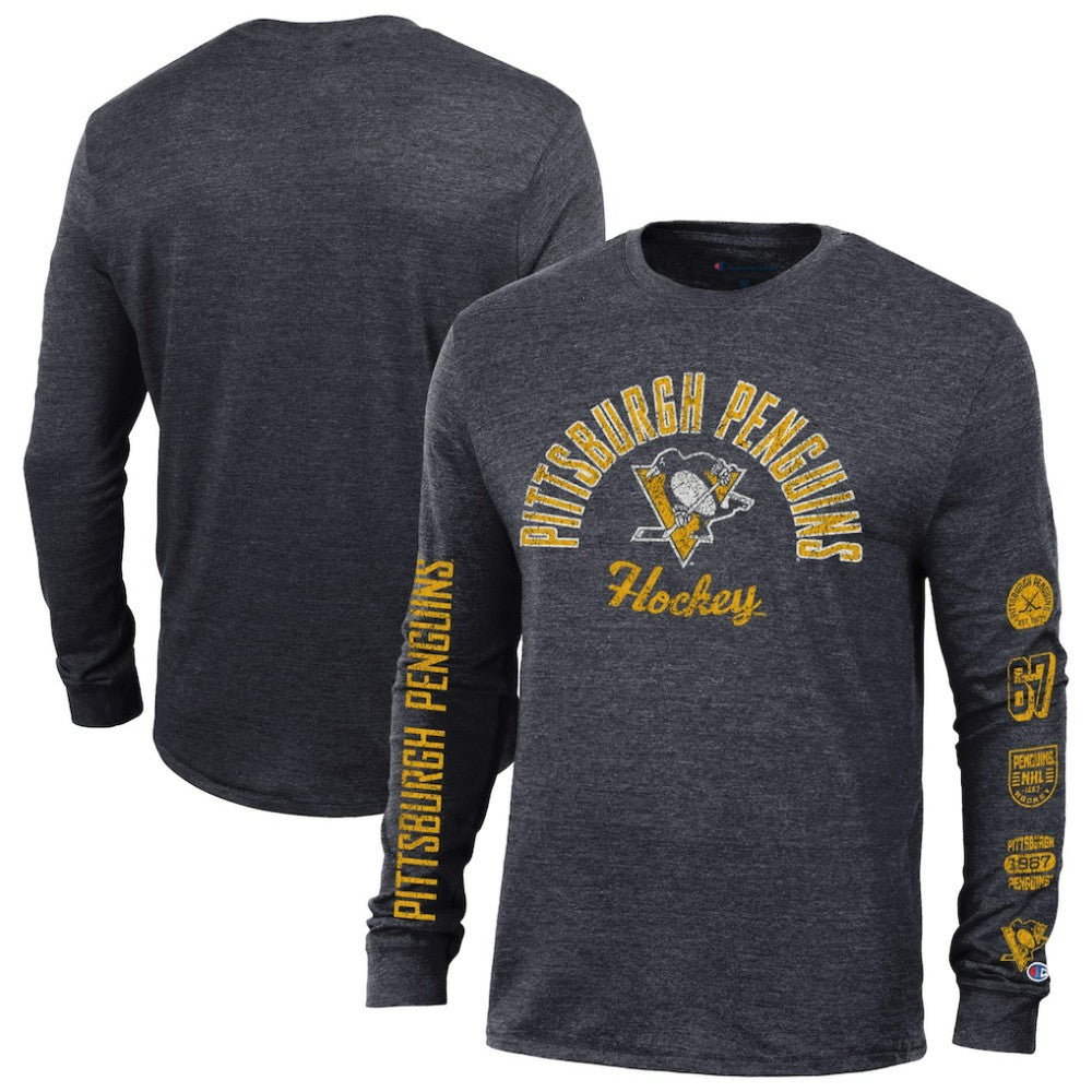 Pittsburgh Penguins Champion Multi-Logo Tri-Blend Long Sleeve T-Shirt - Heather Black - NHL 200838103