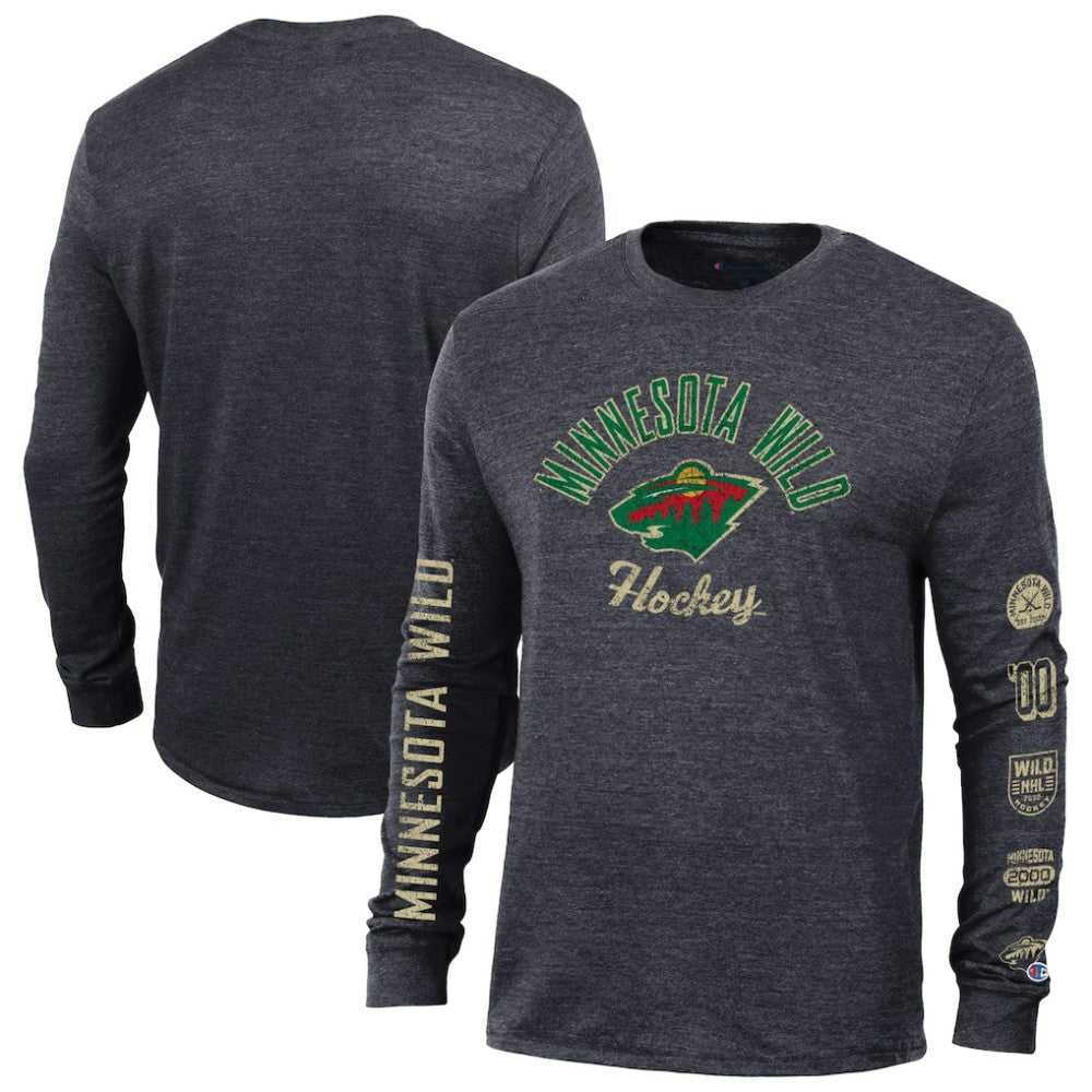 Minnesota Wild Champion Multi-Logo Tri-Blend Long Sleeve T-Shirt - Heather Black - NHL 200838107