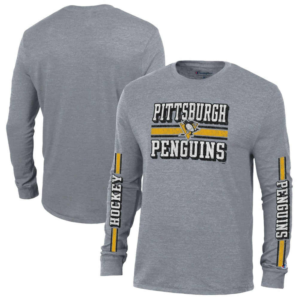 Pittsburgh Penguins Champion Tri-Blend Dual-Stripe Long Sleeve T-Shirt - Heather Gray - NHL 200838114