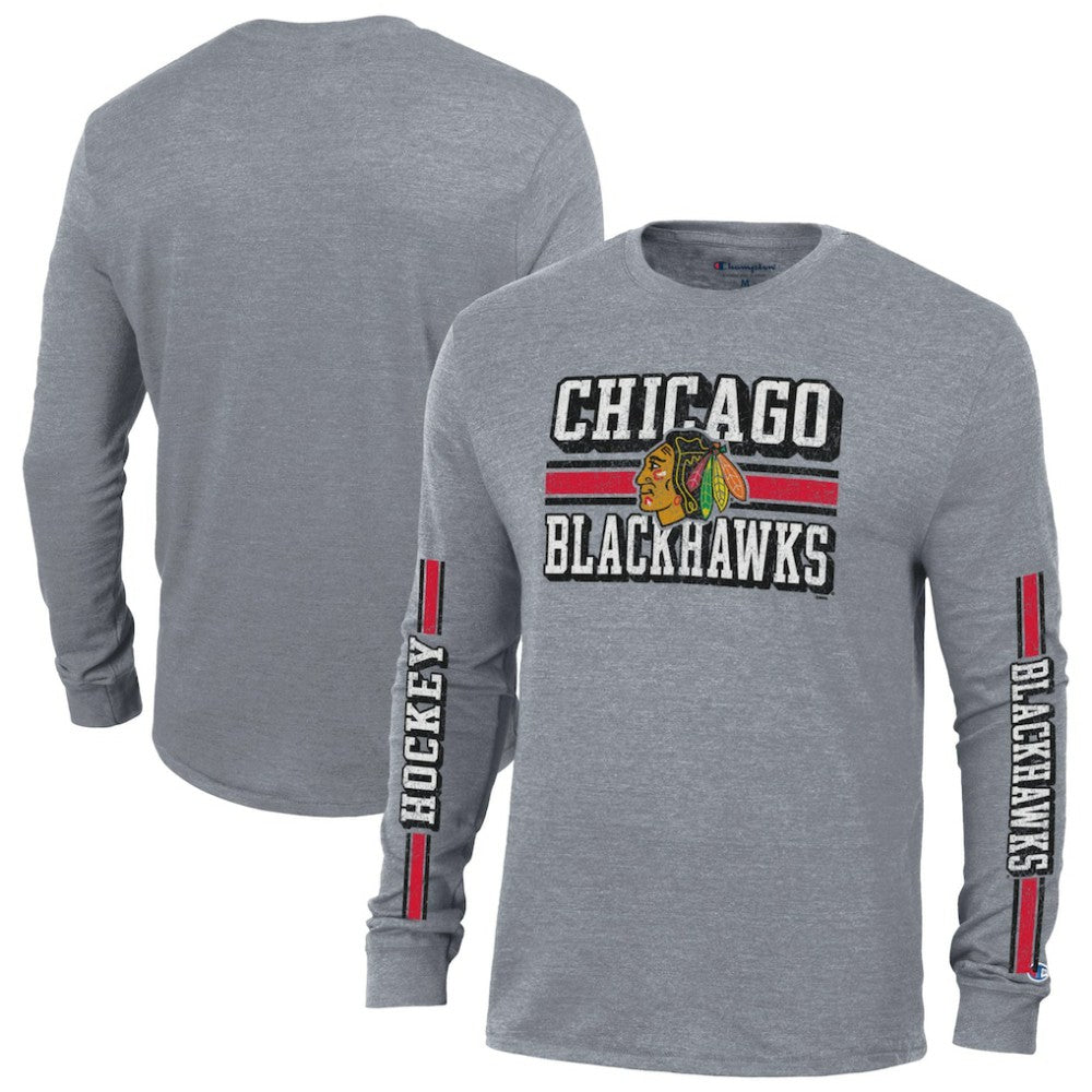 Chicago Blackhawks Champion Tri-Blend Dual-Stripe Long Sleeve T-Shirt - Heather Gray - NHL 200838119
